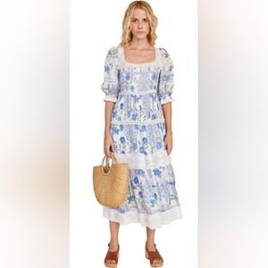 Hunter Bell Evelyn Silk Cotton Blue and White Floral Maxi Dress Size 0